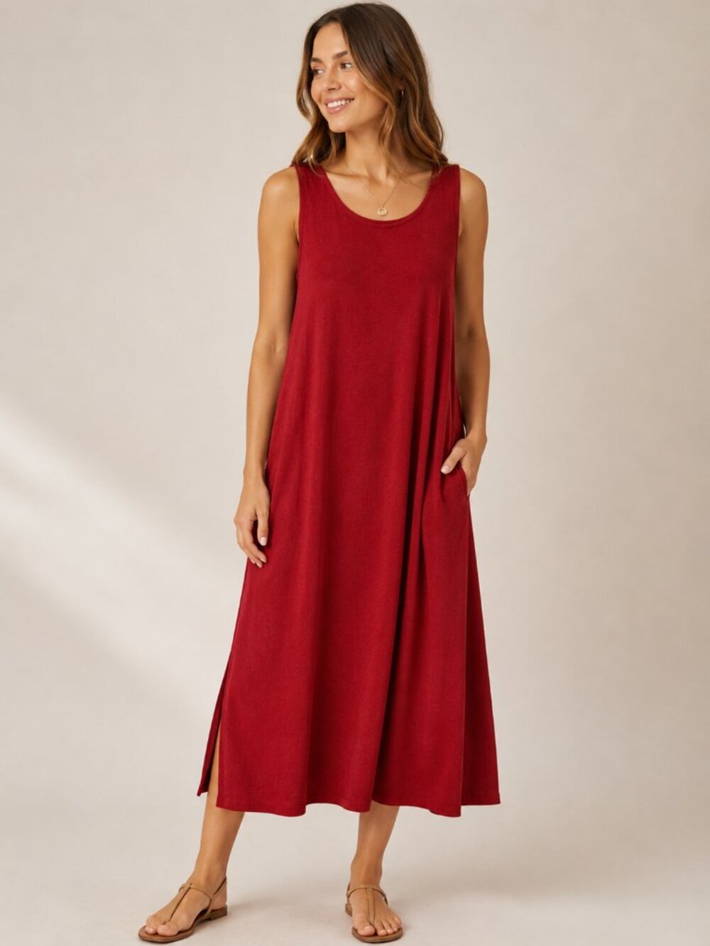 Coldwater Creek Red Linen Rayon Maxi Dress M Sleeveless A Line Dress Resort Y2K